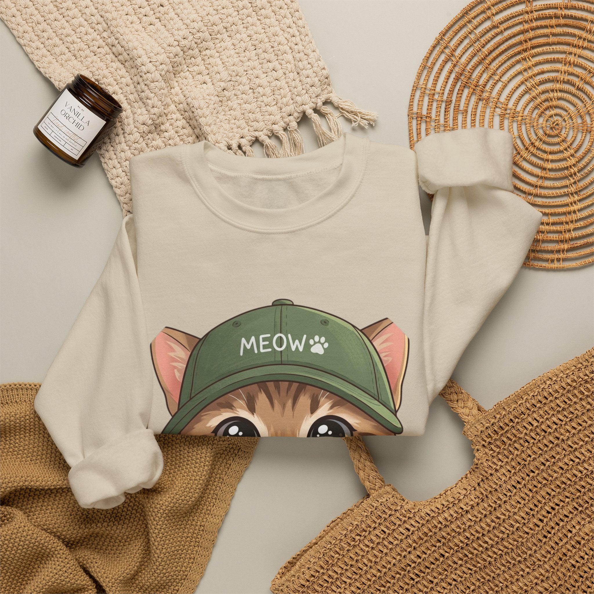 Cute Kitten Crewneck Sweatshirt — 'MEOW' Cat Graphic Pullover