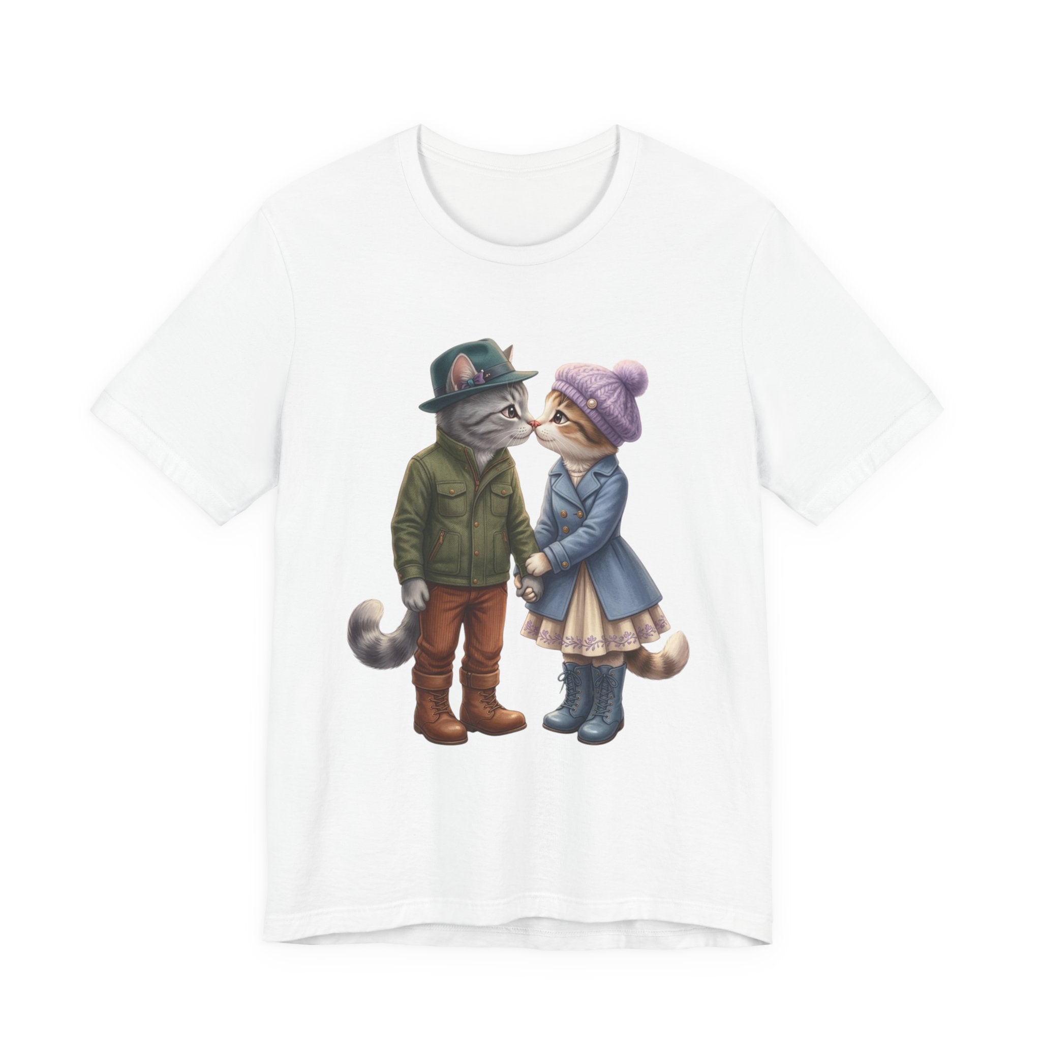 Cozy Cat Couple Tee — Cute Winter Cats Holding Hands Graphic T-Shirt