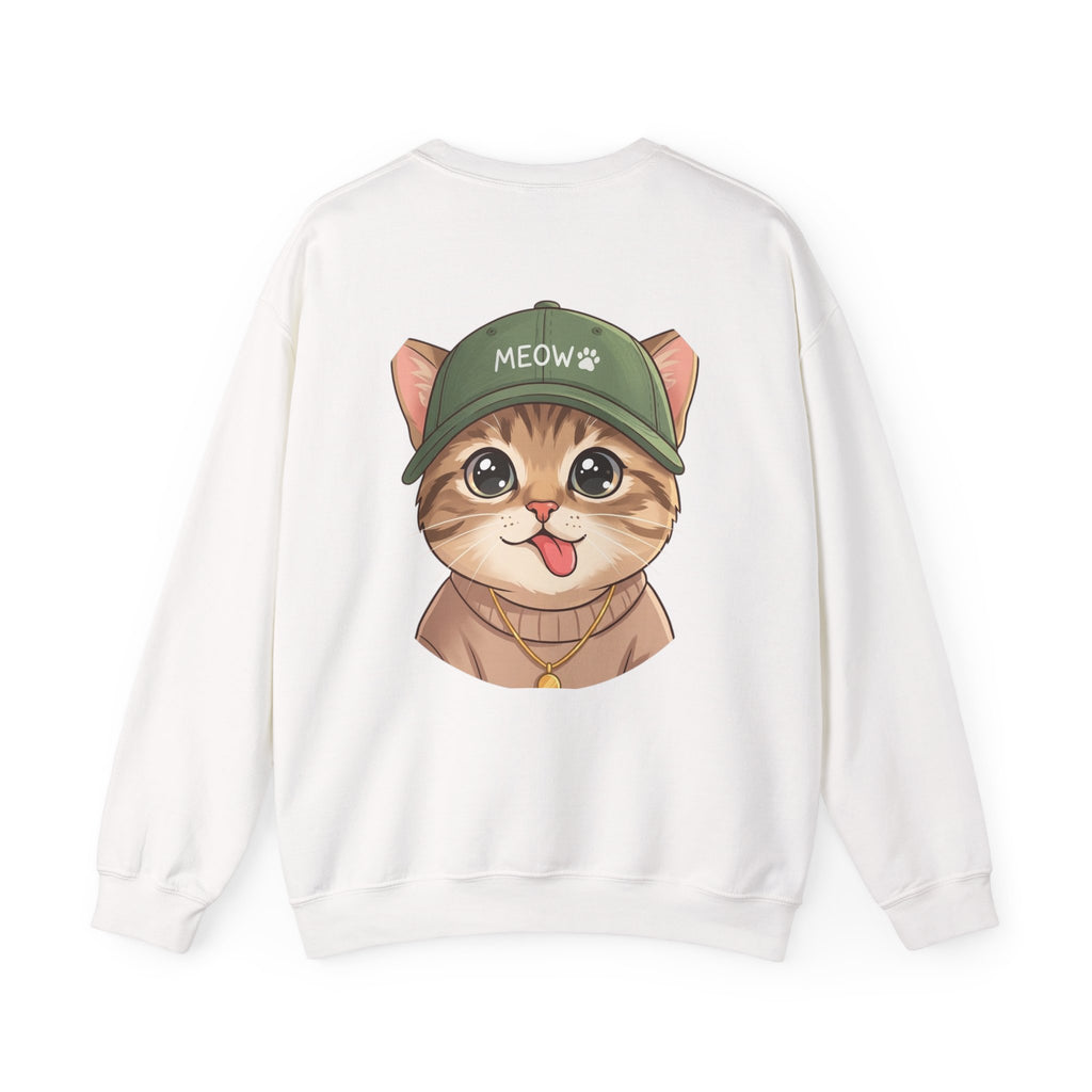 Cat Face Crewneck Sweatshirt – Cute Kitten in 'MEOW' Cap