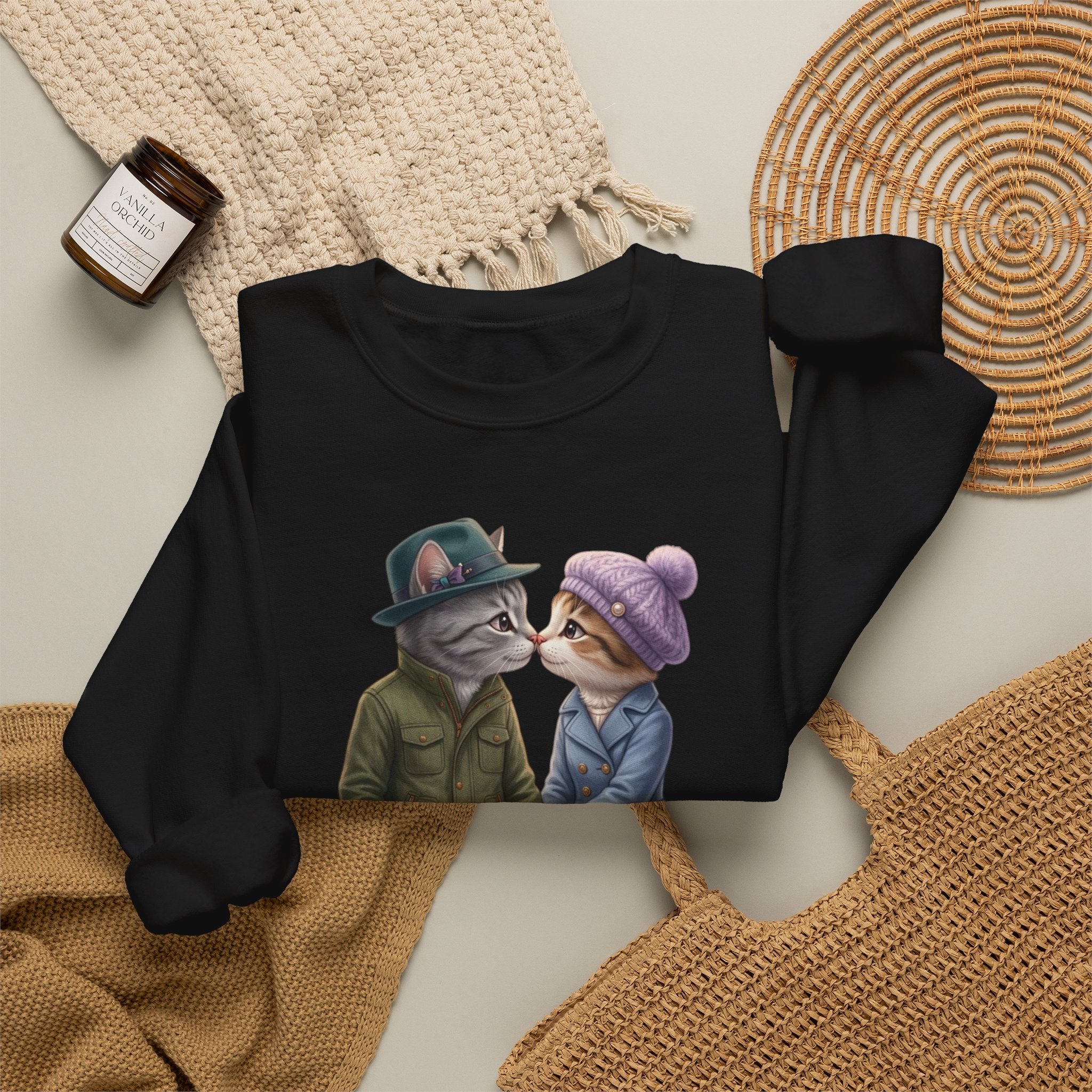 Cat Couple Crewneck Sweatshirt – Cozy Romantic Cat Illustration