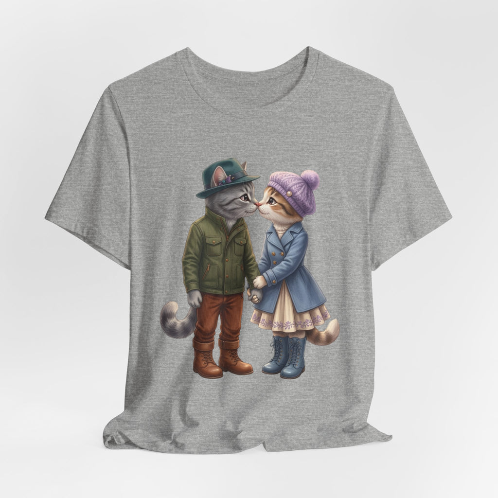 Cozy Cat Couple Tee — Cute Winter Cats Holding Hands Graphic T-Shirt