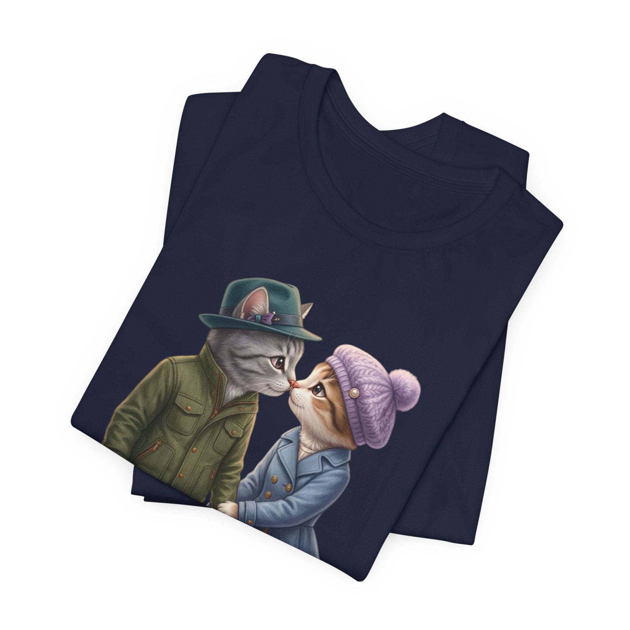 Cozy Cat Couple Tee — Cute Winter Cats Holding Hands Graphic T-Shirt