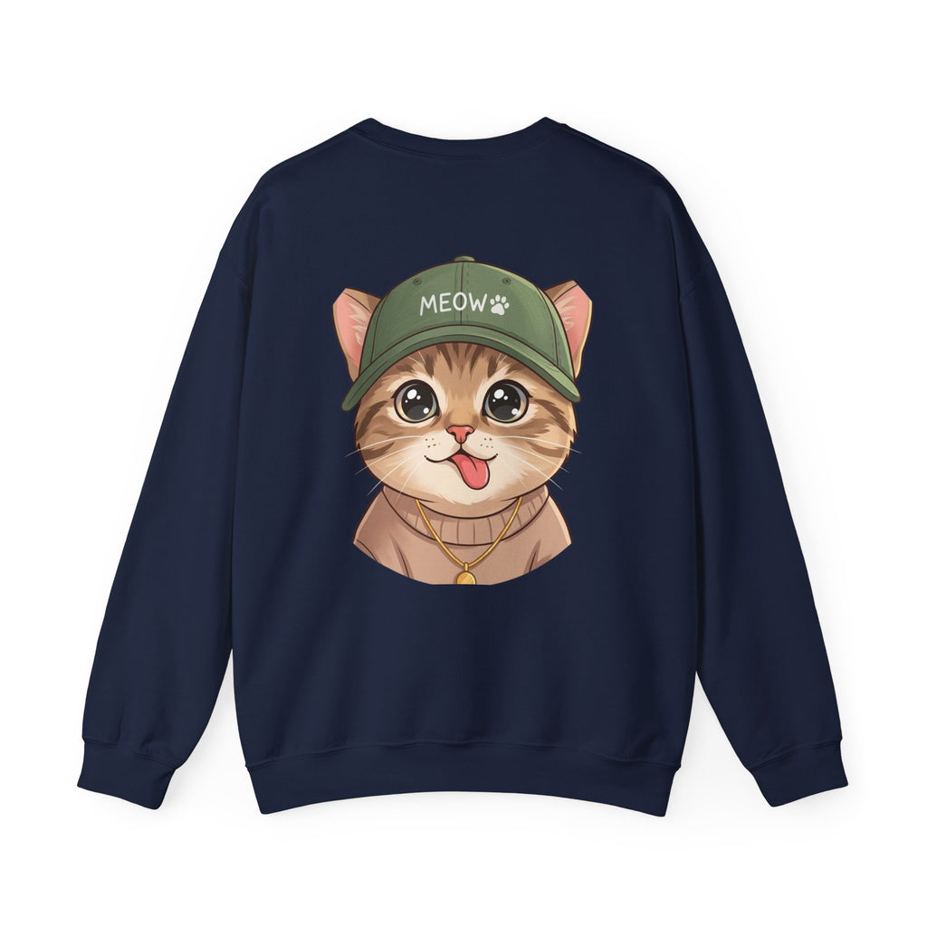 Cat Face Crewneck Sweatshirt – Cute Kitten in 'MEOW' Cap