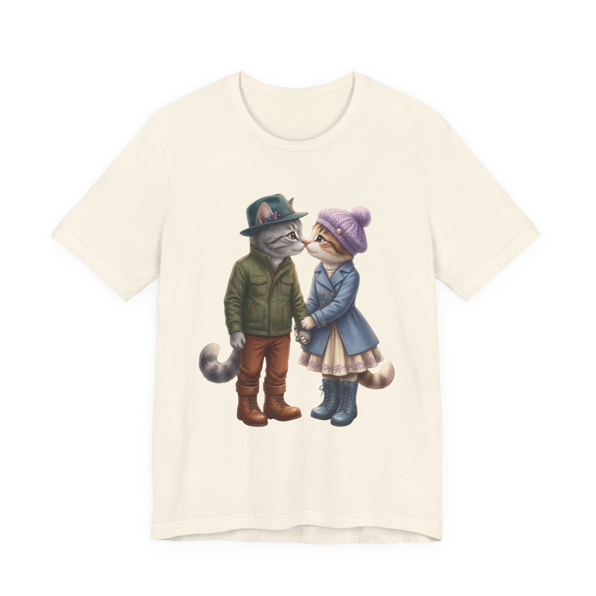 Cozy Cat Couple Tee — Cute Winter Cats Holding Hands Graphic T-Shirt