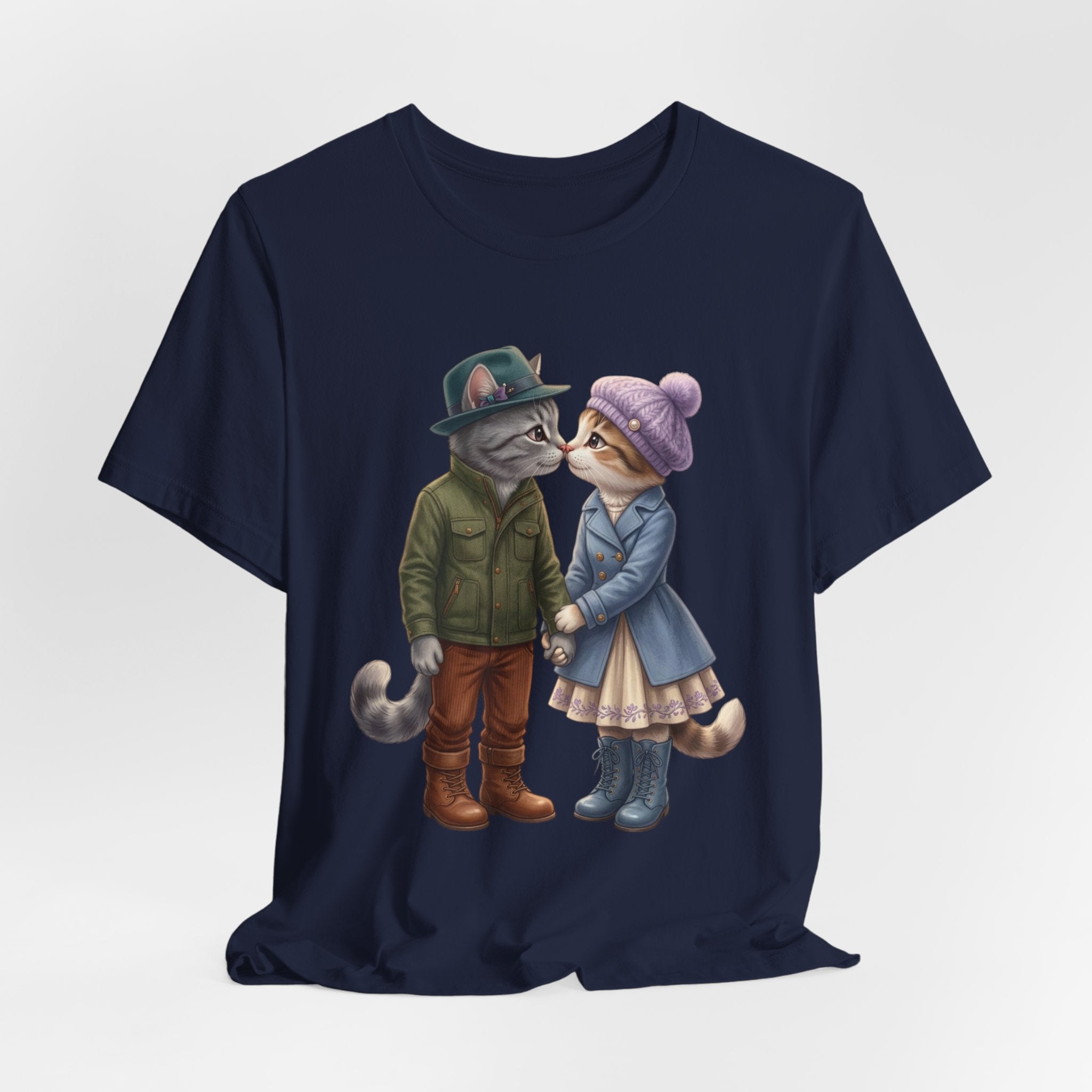 Cozy Cat Couple Tee — Cute Winter Cats Holding Hands Graphic T-Shirt