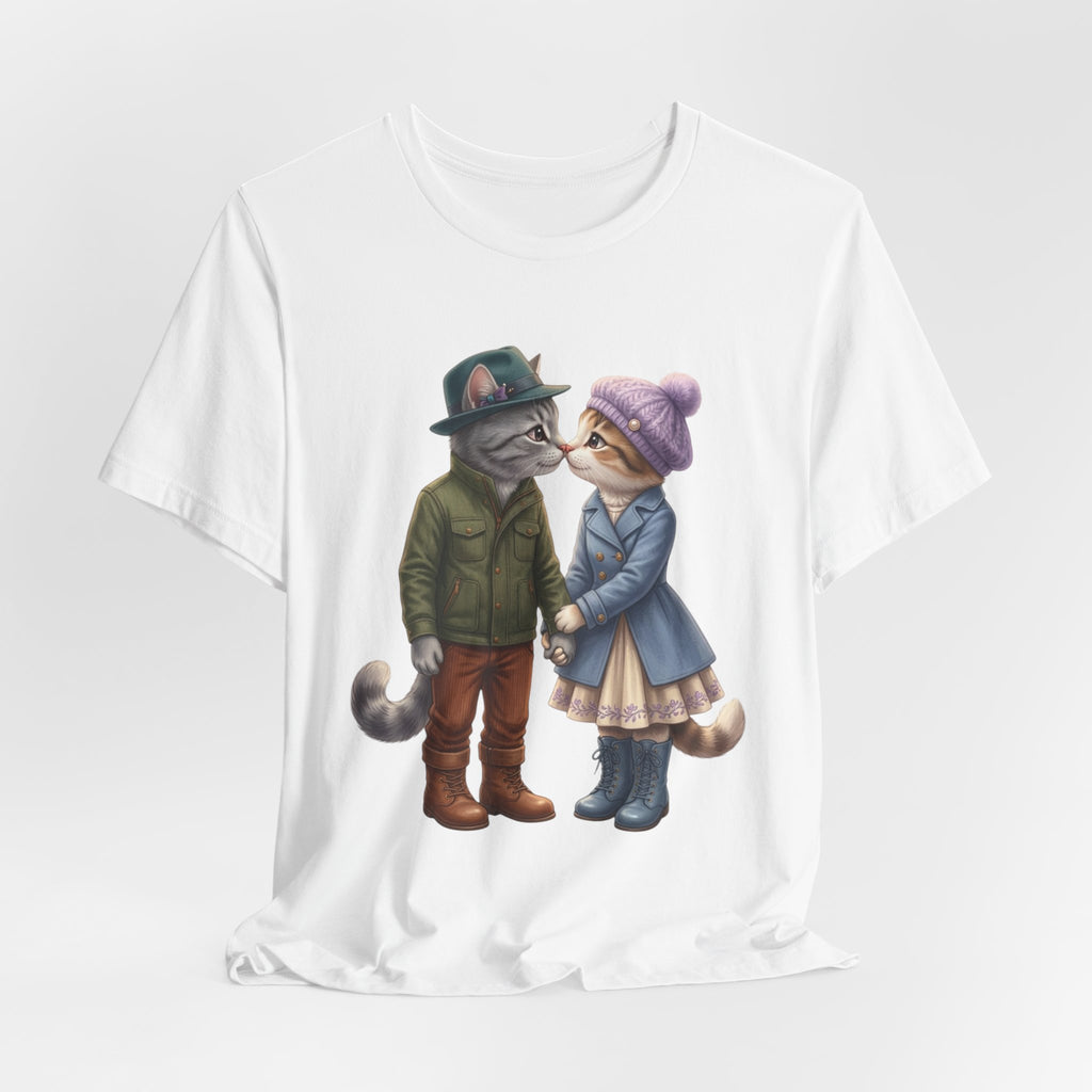 Cozy Cat Couple Tee — Cute Winter Cats Holding Hands Graphic T-Shirt
