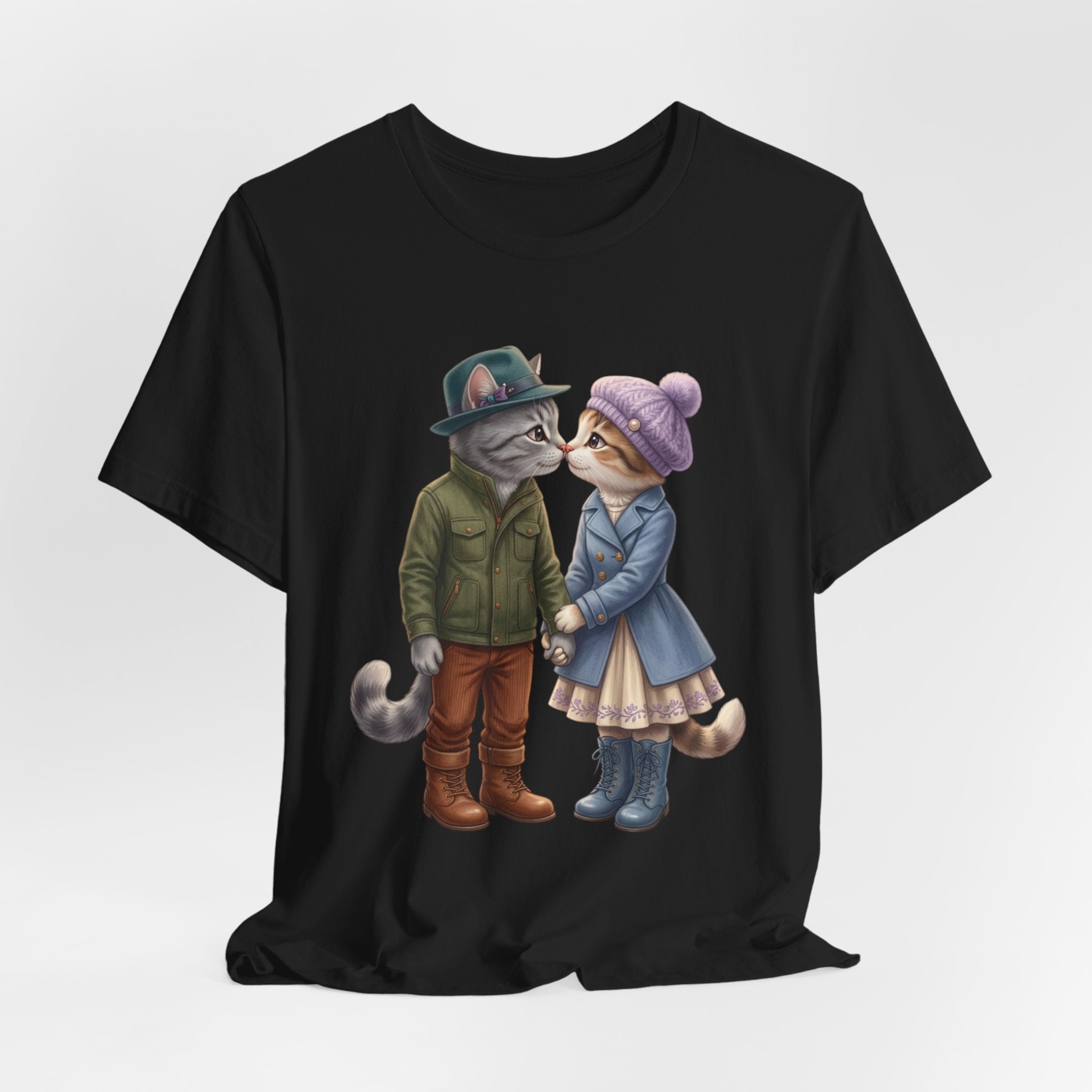 Cozy Cat Couple Tee — Cute Winter Cats Holding Hands Graphic T-Shirt