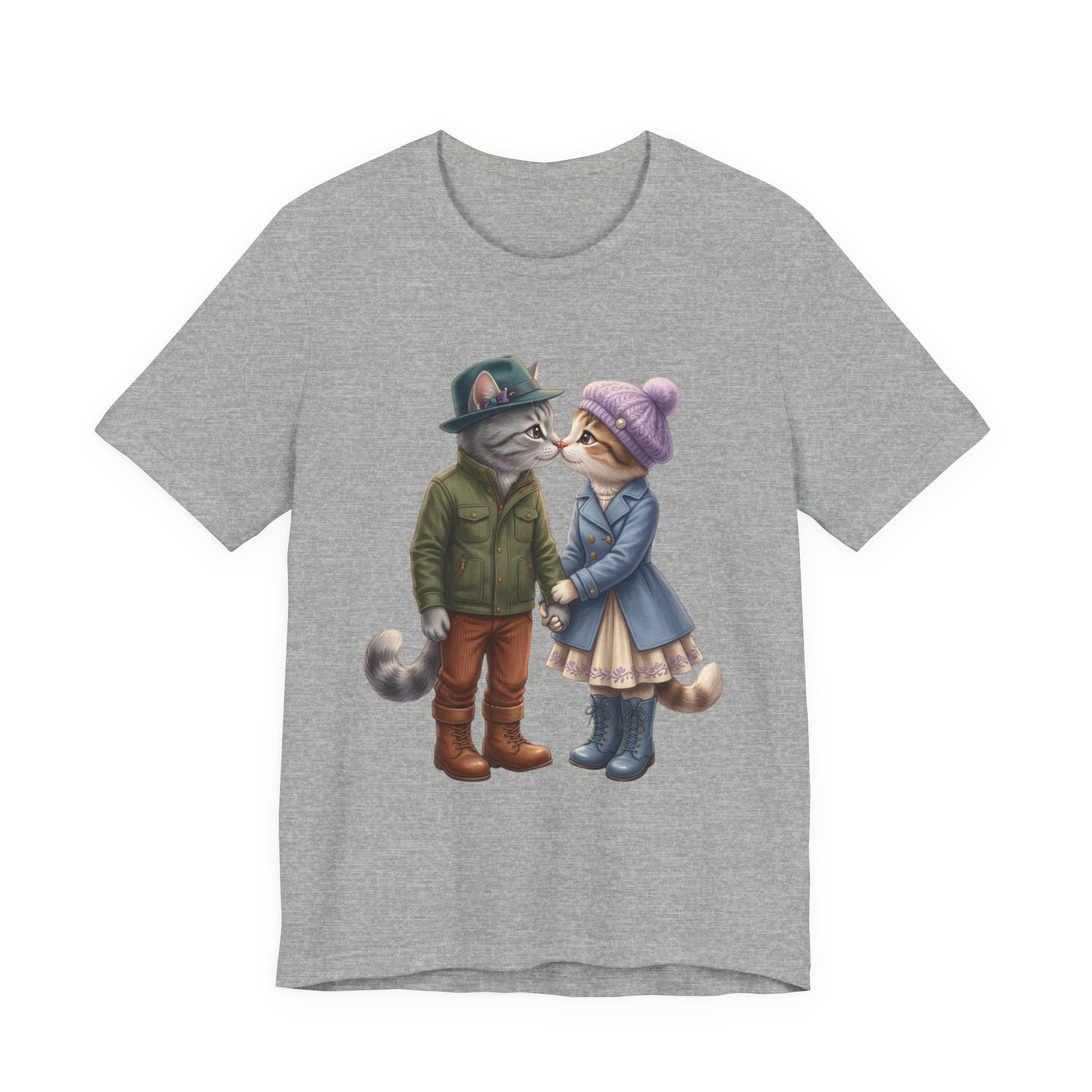Cozy Cat Couple Tee — Cute Winter Cats Holding Hands Graphic T-Shirt