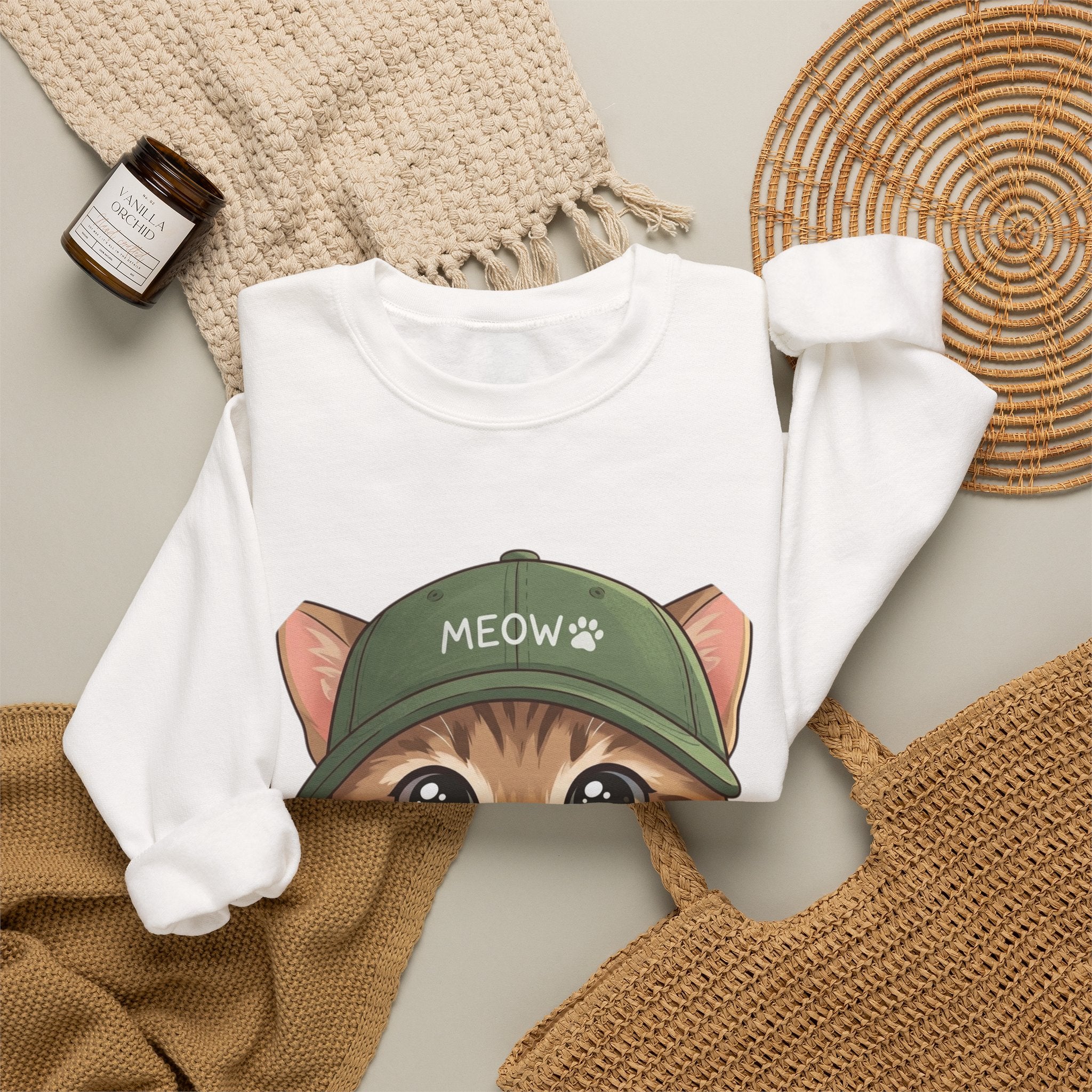 Cute Kitten Crewneck Sweatshirt — 'MEOW' Cat Graphic Pullover
