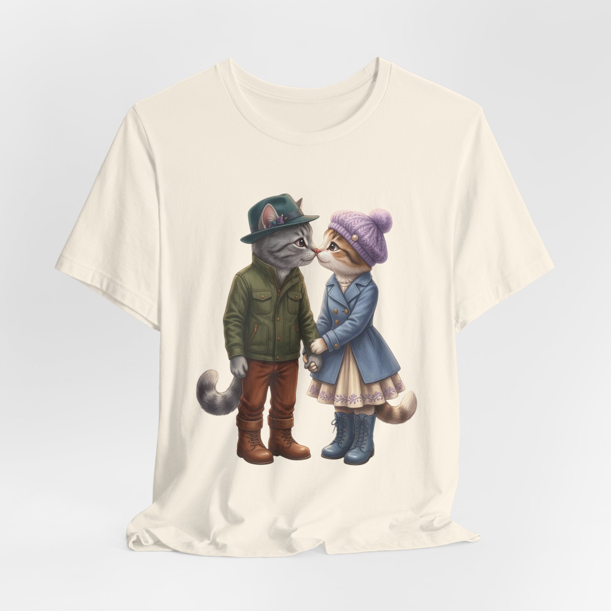 Cozy Cat Couple Tee — Cute Winter Cats Holding Hands Graphic T-Shirt