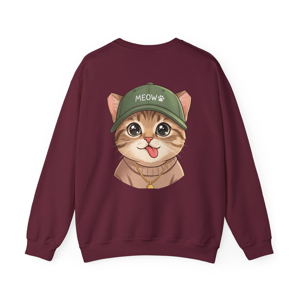 Cat Face Crewneck Sweatshirt – Cute Kitten in 'MEOW' Cap