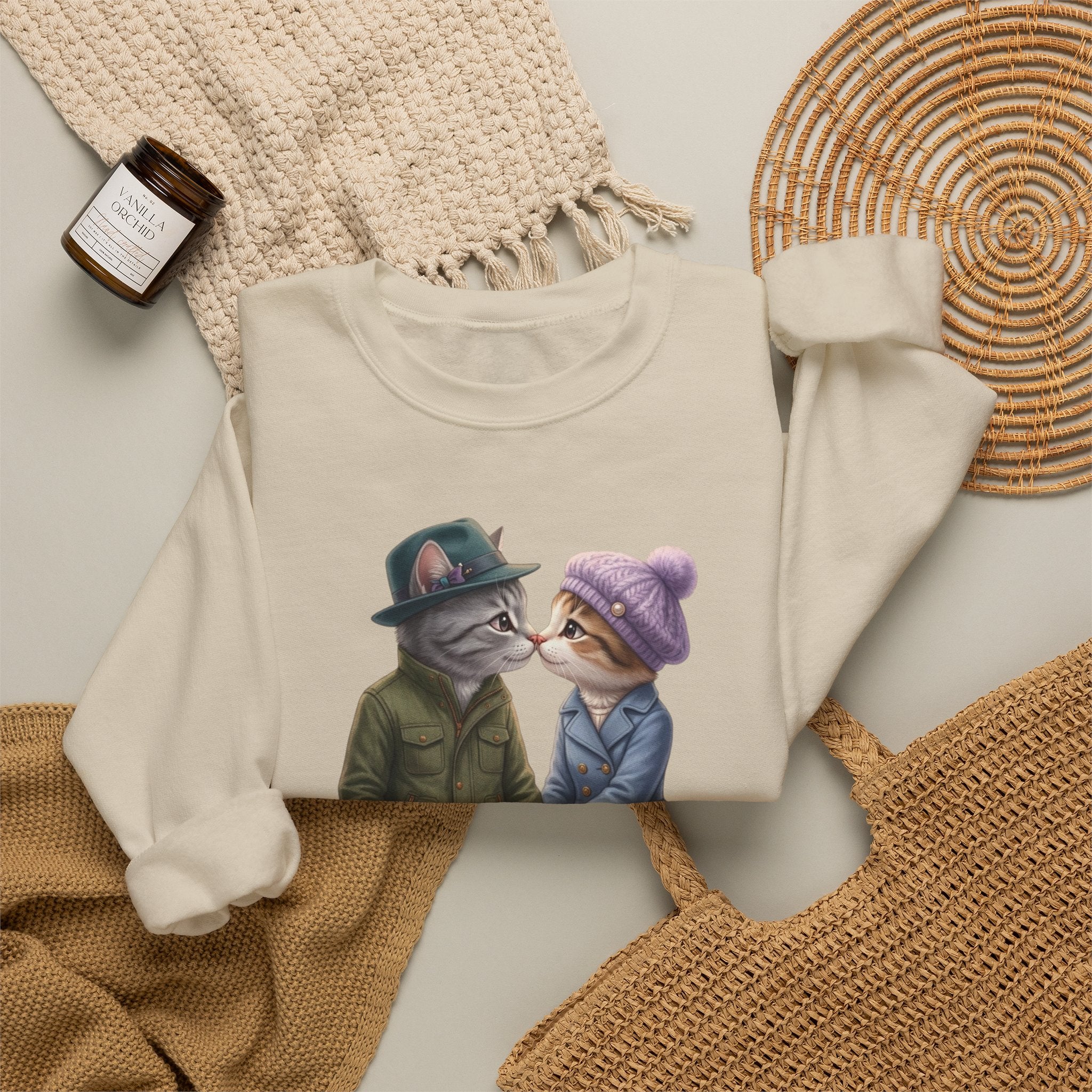 Cat Couple Crewneck Sweatshirt – Cozy Romantic Cat Illustration