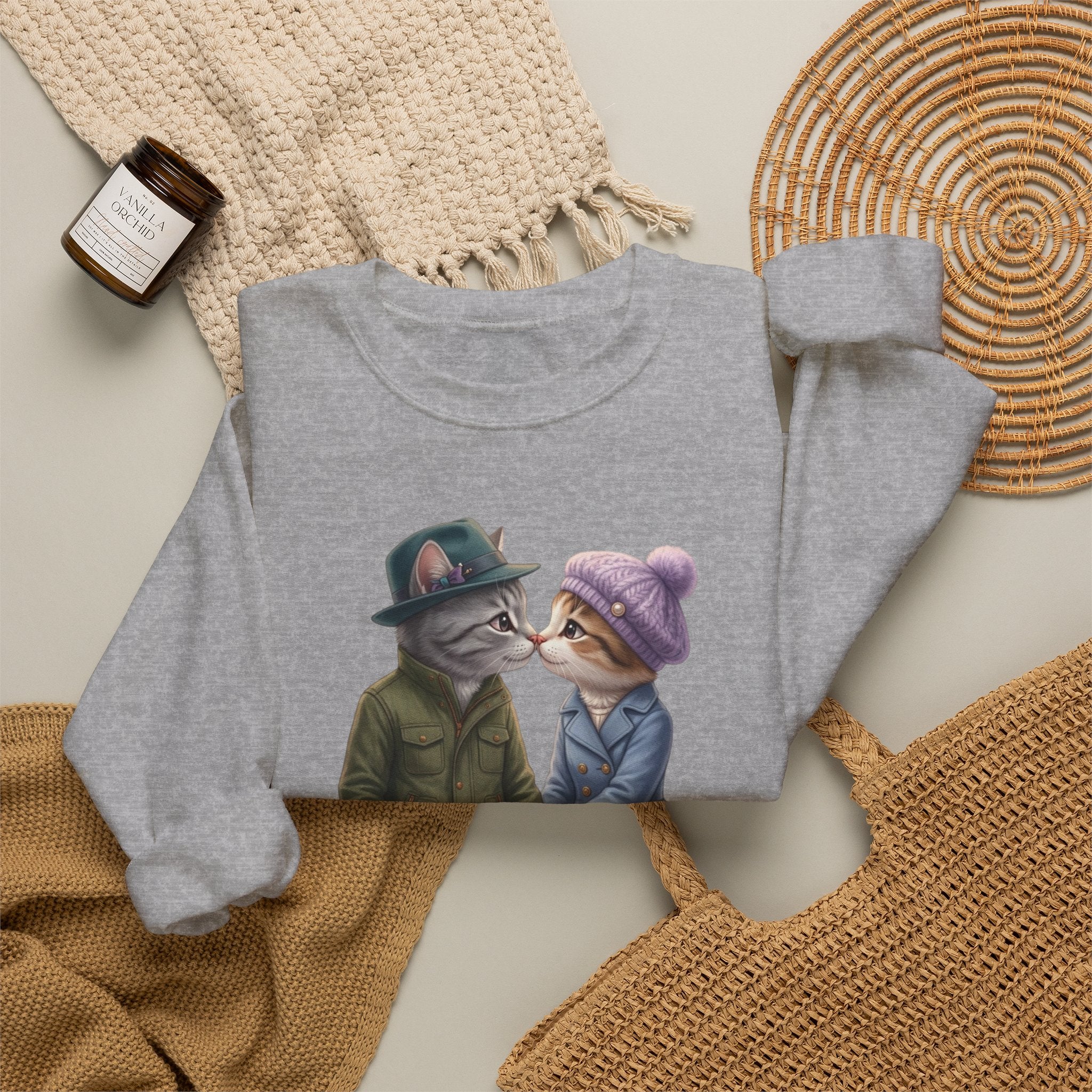 Cat Couple Crewneck Sweatshirt – Cozy Romantic Cat Illustration